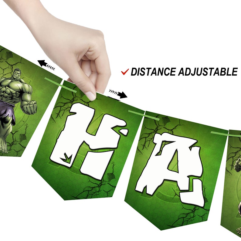 May include: Green and white banner with the word "Happy" spelled out in white letters. The banner features a green background with a cracked pattern and a Hulk character image. The banner is strung with green string and the distance between the letters is adjustable.