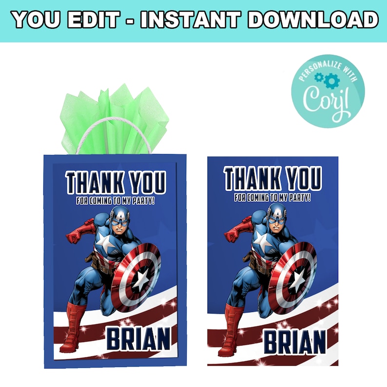 May include: Two blue and red thank you gift bags featuring Captain America. The bags have the text "Thank You for coming to my party!" and the name "Brian".