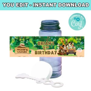 May include: A blue bubble bottle with a white bubble wand. The bottle has a custom label that reads "Brian's 2nd Birthday" with a safari theme, featuring cartoon characters and the text "Mickey's Safari". The top text reads "YOU EDIT - INSTANT DOWNLOAD".