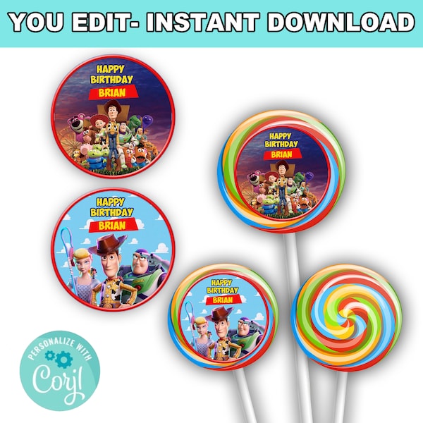 Toy Story Round Stickers | Instant Download | Editable with Corjl | Perfect for Lollipops & Party Decor