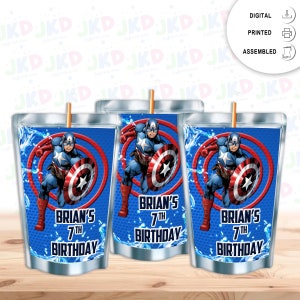 Captain America Juice Pouch Label Sticker for  Kids Birthday Party Favor Decor - Digital and physical options