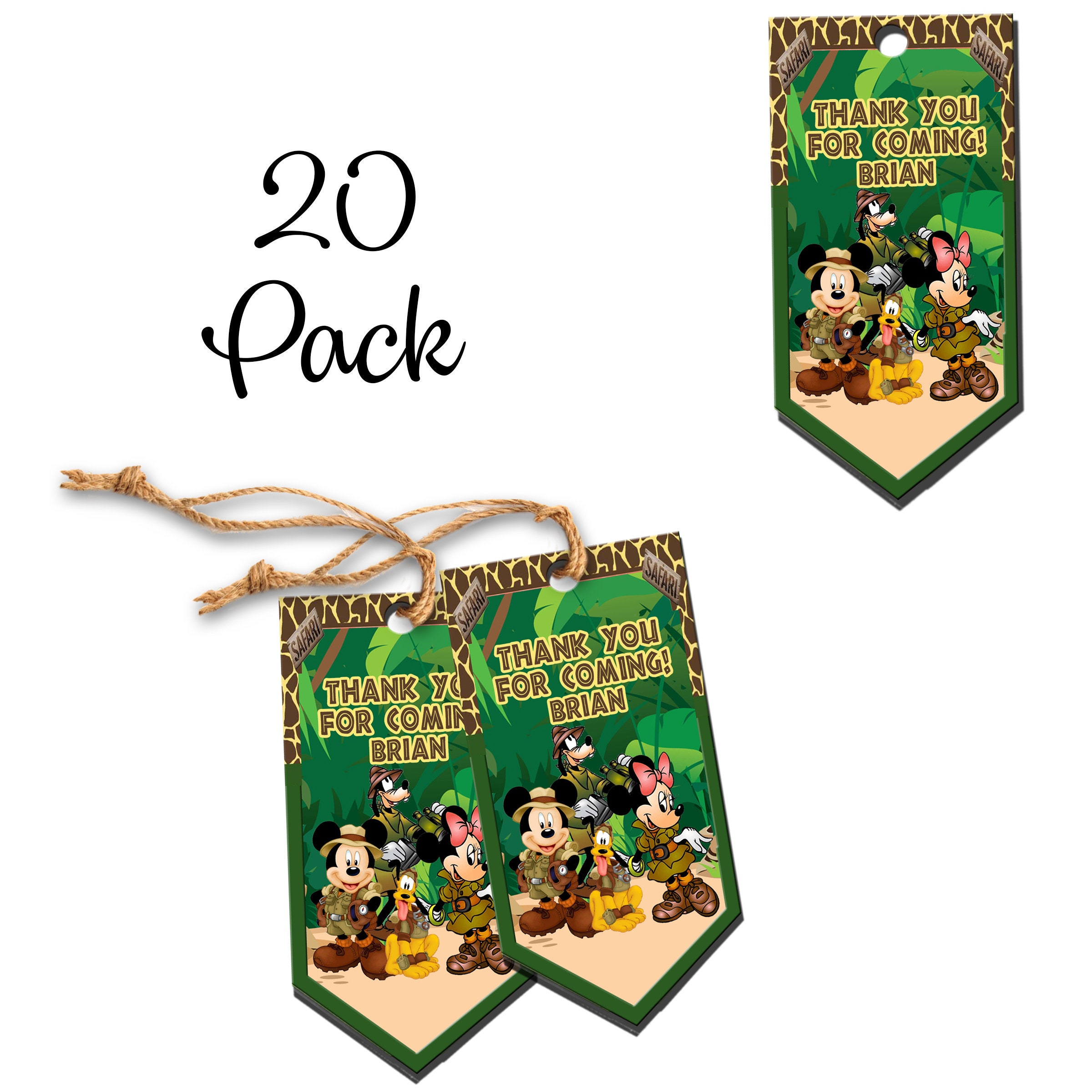 Mickey Mouse Safari Favor Tags for Birthday Party Goodie Bags - 20pack