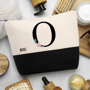 Personalized Makeup Bag Custom Travel Organizer Cosmetic Pouch for Women Toiletry Bag Accessories Storage Gift Initial With Flower
