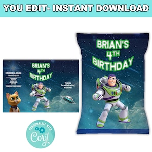 Peut inclure: Un design imprimable pour un sac de chips mettant en sc&egrave;ne Buzz l'&Eacute;clair de Toy Story. Le sac est bleu avec des &eacute;toiles et un fond spatial vert et blanc. Le texte sur le sac est "BRIAN'S 4TH BIRTHDAY".