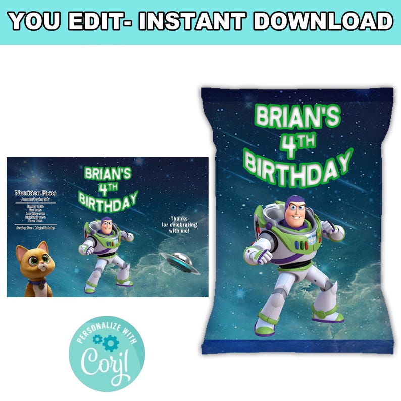 Peut inclure: Un design imprimable pour un sac de chips mettant en sc&egrave;ne Buzz l'&Eacute;clair de Toy Story. Le sac est bleu avec des &eacute;toiles et un fond spatial vert et blanc. Le texte sur le sac est "BRIAN'S 4TH BIRTHDAY".