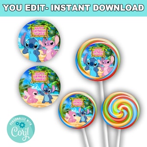 Stitch Stickers | Instant Download | Editable with Corjl | Perfect for Lollipops & Party Decor