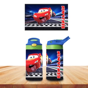 カスタムキッズウォーターボトル パーソナライズされた幼児用断熱タンブラー 12オンス カーズ ライトニング・マックィーン