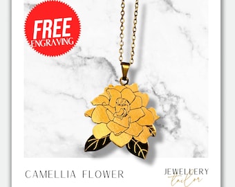 Collana di fiori di camelia incisa / Gioielli botanici personalizzati / Elegante pendente floreale in argento/oro / Regalo perfetto personalizzabile