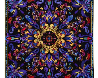 May include: A black square background with a colorful mandala design. The mandala is made up of intricate patterns in shades of blue, purple, yellow, red, and gold. The design is symmetrical and has a central point.