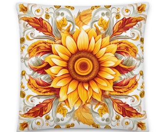 May include: A throw pillow with a yellow sunflower surrounded by red and gold leaves and intricate floral designs on a white background.