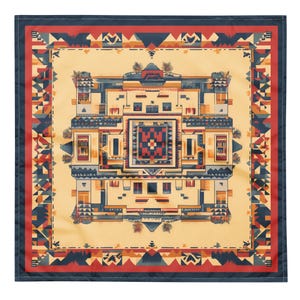 May include: A square patterned bandana with a geometric design in shades of red, blue, yellow, and white. The center of the bandana features a symmetrical pattern of a building with windows and a roof.