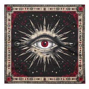 Könnte beinhalten: Eine Schwarzweißillustration eines großen Auges mit roter Iris und Pupille, umgeben von einem Sternenausbruchmuster auf schwarzem Hintergrund. Das Auge ist von einem roten und weißen Rahmen mit geometrischem Muster umgeben.
