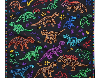 Neon Dinosaur Bandana, Tapestry, Handkerchief, Neck Scarf, House decoration, Pocket Square, deluxe design.