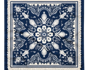 Blue and White Geometric Bandana | handkerchief | scarf | paisley | original design | vintage