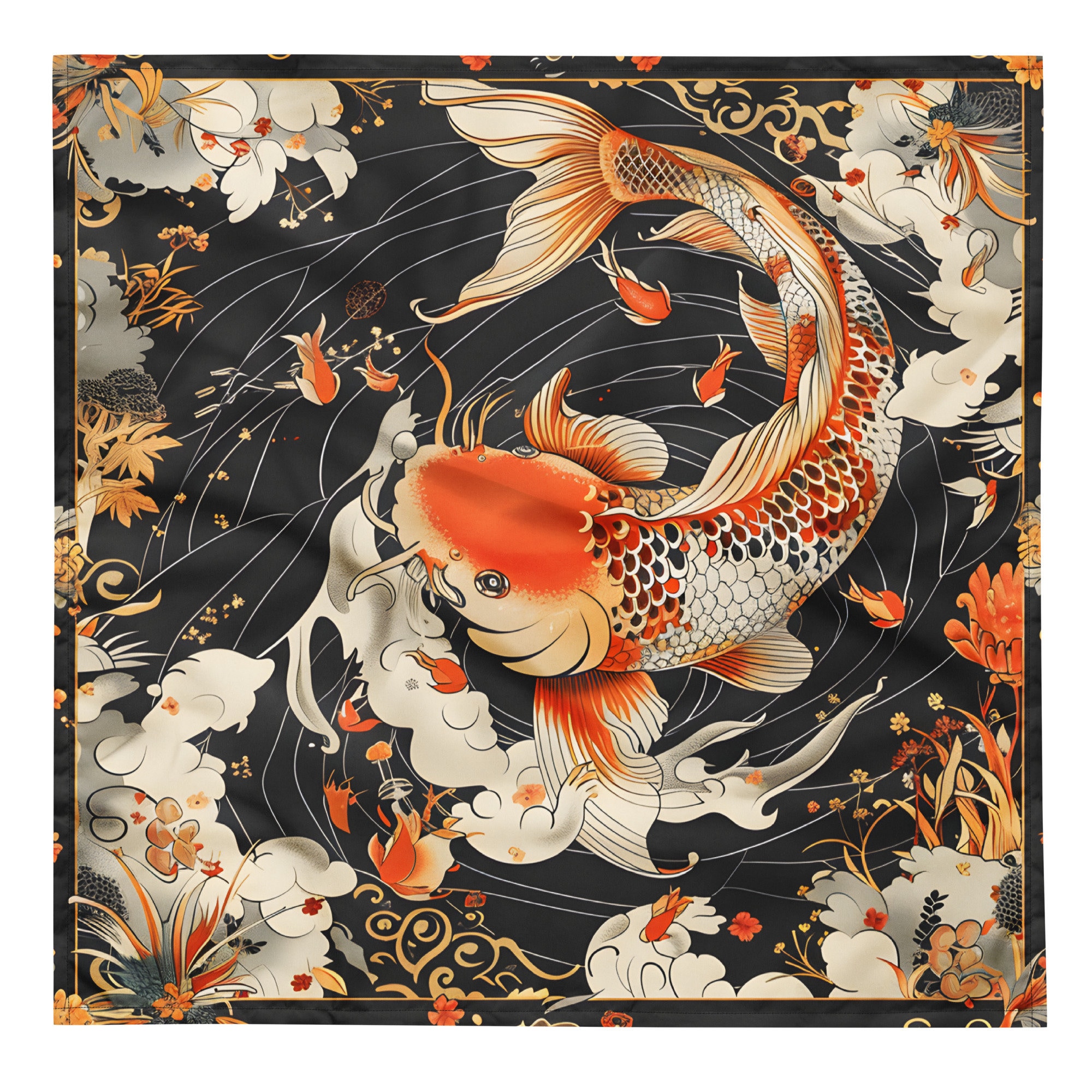 Beautiful Koi fish bandana design, Tapestry, Handkerchief, Scarf, Pocket Square, deluxe design.