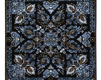 May include: A black square patterned fabric with a blue and gold floral design. The pattern is symmetrical and features intricate details.