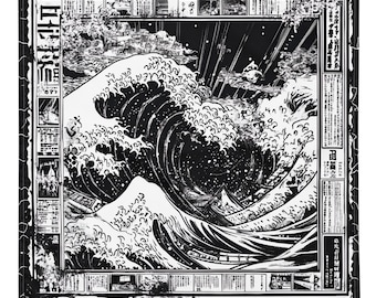 Japanese Wave Bandana, Tapestry, Handkerchief, Neck Scarf, House decoration, Pocket Square, deluxe design.