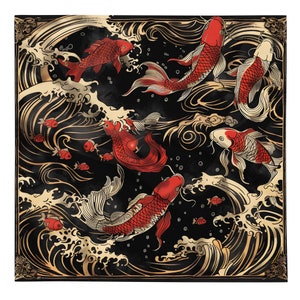 Puede incluir: Un fondo negro con olas doradas y blancas y peces koi rojos y blancos nadando en el agua. Los peces están estilizados y tienen un diseño japonés tradicional.