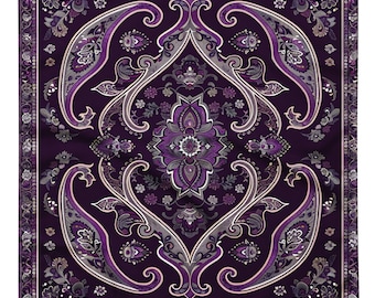 May include: A purple and silver paisley patterned rug with a floral design in the center.
