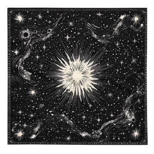 May include: Black square scarf with a celestial design. The scarf features a central sunburst design in cream, surrounded by swirling nebulas, stars, and celestial bodies. The border is a dotted line.