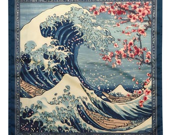 Ukiyo-e great wave bandana, Tapestry, Handkerchief, Neck Scarf, House decoration, Pocket Square, deluxe designs