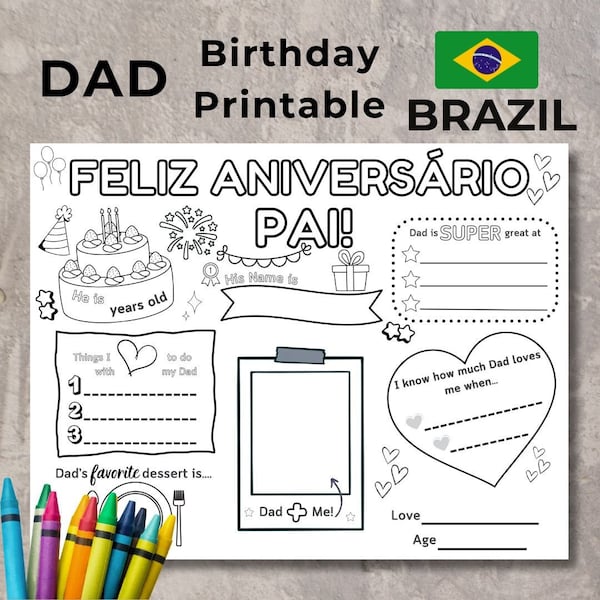 Happy Birthday Portuguese/Brazilian/Latin American Dad Coloring Activity, Happy Birthday Father Worksheet, Happy Birthday Dad Printable