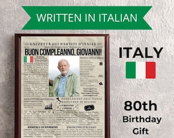 Italian 80th Birthday Newspaper for Nonno Nonna in Italian; Regalo personalizzato con giornale per il 80 compleanno italiano per il nonno