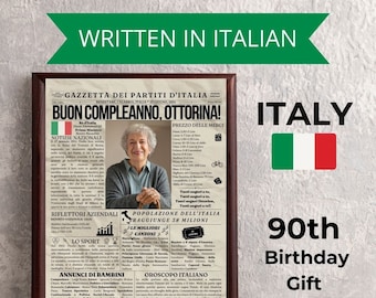 Italian 90th Birthday Newspaper for Nonno Nonna in Italian; Regalo personalizzato con giornale per il 90 compleanno italiano per il nonno
