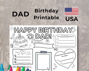 Happy Birthday Dad Coloring Page, Happy Birthday Father Activity Sheet, All About My Dad Worksheet, Happy Birthday Dad Printable
