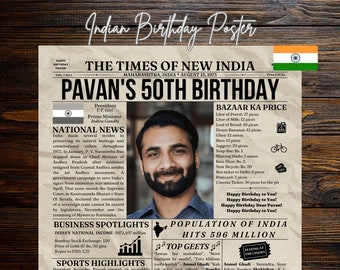 India Hindu Sikh 50th Birthday Newspaper Poster, India 50th Birthday Gift Men/Women, India Birthday Poster, Desi Punjabi Birthday Gift
