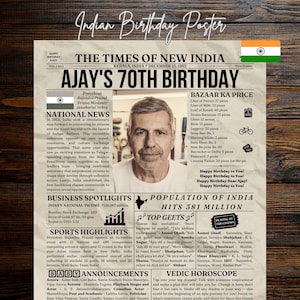 70th Birthday Gift, Indian Birthday Decor for Men or Women, Indian Birthday Gift for Mom or Dad, India Decor Birthday Newspaper Poster Sign