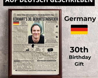 Deutsches Geburtstagsposter | Geburtstagsgeschenk für die Deutsche Zeitung als Geschenk zum 30. Geburtstag, Partydekoration im Jahrgang