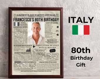 Cadeau souvenir d'anniversaire italien Nonna Nonno pour lui, idée cadeau personnalisée Italie en 1944, cadeau journal personnalisé des années 80, affiche Italie