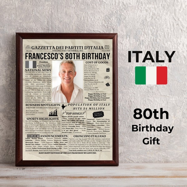 Italienische Nonna Nonno Geburtstags-Andenken-Geschenk für Sie oder Ihn, personalisierte Geschenkidee Italien im Jahr 1944, benutzerdefinierte 80er Zeitung Geschenk, Italia Poster