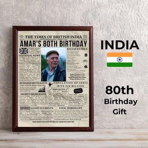 Regalo de cumpleaños Periódico indio personalizado, allá por 1944 India, idea de regalo de cumpleaños número 80 para mujer india, hombre, idea de póster de cumpleaños número 80