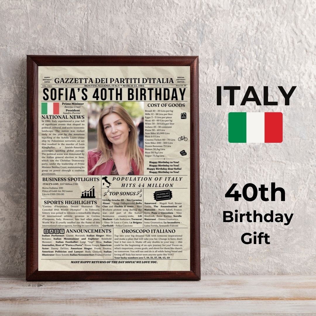 Italian 40th Personalized Gift - 1984 Birthday Newspaper, Personalized  Italia Keepsake for a Special Celebration Gift for Him, Her, Friend - Etsy, image size:1080x1080