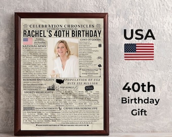 Regalo per il 40° compleanno Giornale personalizzato, Decorazioni per feste di compleanno per lui/lei, Regalo di compleanno personalizzato
