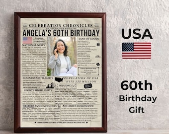 May include: A vintage newspaper style poster with a photo of a woman in the center. The poster is a 60th birthday gift and includes details about the year 1964, including national news, business spotlights, sports highlights, and a horoscope. The poster is framed in a brown wood frame.