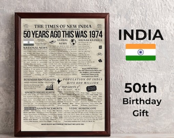50th Birthday Newspaper India, 50th Birthday Gift for Men or Women, 50 Years Ago Back in 1974, Indian Newspaper, Year You Were Born Poster