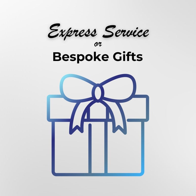 May include: A blue and purple line drawing of a gift box with a bow on top. The text "Express Service or Bespoke Gifts" is above the gift box.