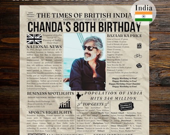 May include: A vintage newspaper style birthday poster for Chanda's 80th birthday. The poster features a black and white photo of a man with a mustache and glasses. The poster has a headline that reads "Chanda's 80th Birthday". The poster also includes a section called "National News" with a news story about the Bengal famine of 1943. The poster also includes a section called "Business Spotlights" with information about India's national income and the Bombay Stock Exchange. The poster also includes a section called "Sports Highlights" with information about the first Asian Games held in New Delhi in 1951. The poster also includes a section called "Bazaar Ka Price" with a list of prices for various goods and services in India. The poster also includes a section called "Population of India" with a population figure of 346 million. The poster also includes a section called "Top Geets" with a list of popular Hindi songs. The poster also includes a section called "Playing at the Cinema" with a list of movies playing in theaters. The poster also includes a section called "Baby Announcements" with a list of actors, actresses, singers, and politicians. The poster also includes a section called "Vedic Horoscope" with advice on how to tap into your big dreams.