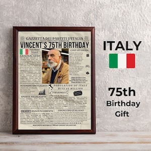 Placa de jornal de 75º aniversário, pôster de aniversário italiano, presente de 75º aniversário para mulheres, pôster de 75 anos atrás em 1949, decoração de 75º aniversário