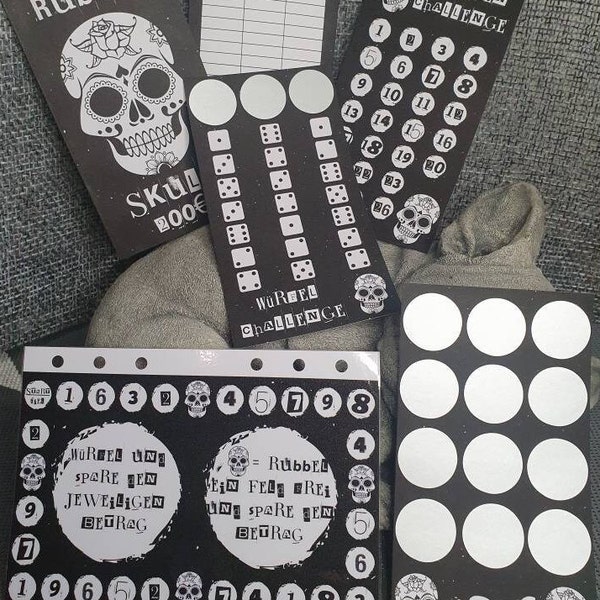 Skull Set Rubbel Klappkarte, Würfelchallenge, Sparspiel und 26 Wochenchallenge