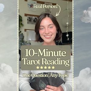 May include: A person holding a deck of black tarot cards with a graphic design. The image features the text 10-Minute Tarot Reading, five yellow stars, and the text One Question | Any Topic, with a Real Person! label and an arrow pointing downward.