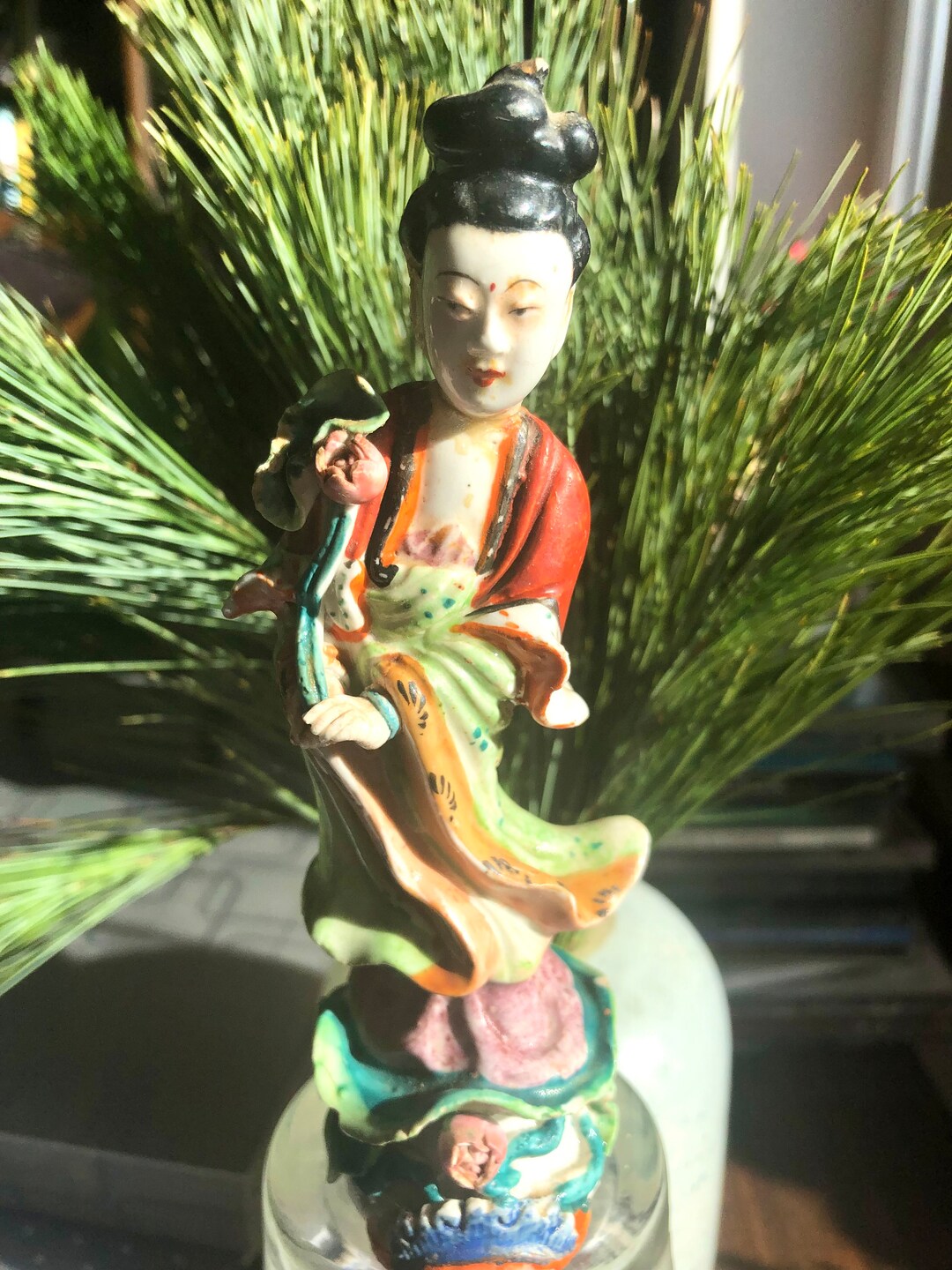 Quan Yin Sculpture in Chinese Porcelain Hand Painted Spiritual Figure