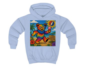 Rainbow Dancing Bear Kids Hoodie | Psychedelic Grateful Dead Style, Summer Beach Scene