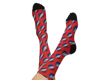 Grateful Dead Red Lightning Bolt Pattern Socks | Sublimation Crew Socks