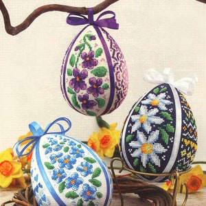 Easter Eggs PDF Counted cross stitch patterns, three floral motifs, embroidery chart - Instant download PDF