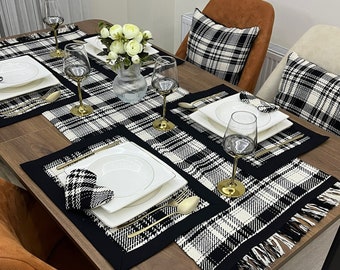 White-Black Table Runner, Vintage Table Runner, Cotton Linen Table Runner, Rustic Table Runner, Boho Striped Table Runner