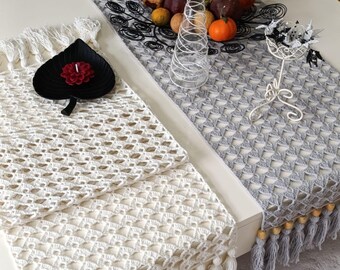 Handmade Crochet Table Runner, Modern Scandinavian Decor, Dresser Scarf, Elegant & Timeless Decor, Long Runner, Rustic Decor, Tassels Runner